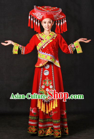 Top Zhuang Recital Dance Costumes and Hat Complete Set for Girls