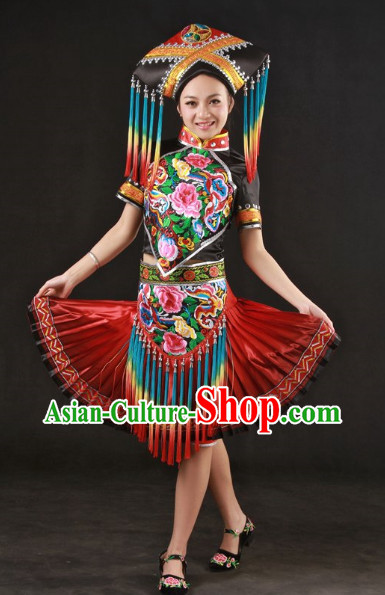 Top Guangxi Province Zhuang Recital Dance Costumes and Hat Complete Set