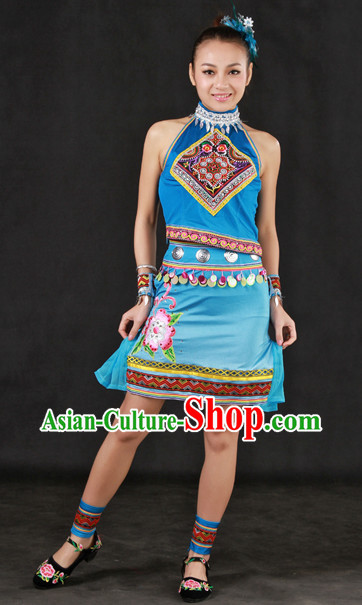 Custom Made Zhuang Ethnic Minority Dresses and Headwear Complete Set