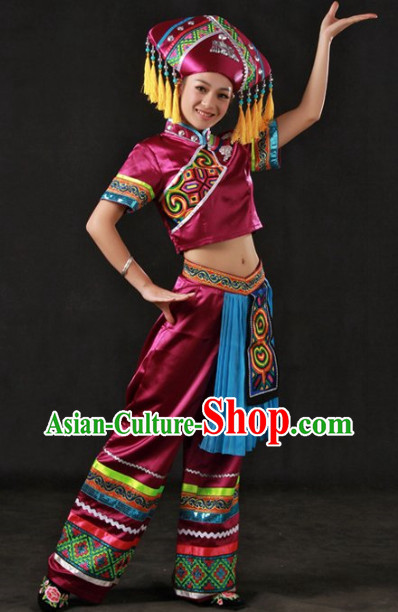 Traditional Chinese Zhuang Stage Performance Costumes and Headwear for Women