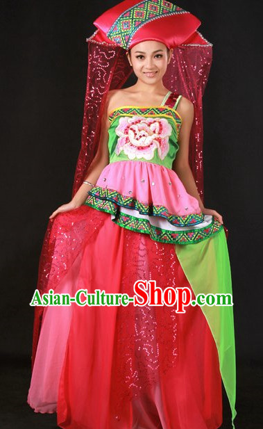 Traditional Chinese Zhuang Stage Performance Costume and Hat Complete Set