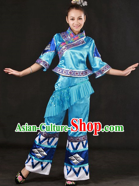 Traditional Chinese Zhuang Stage Performance Dance Costume and Headwear Complete Set