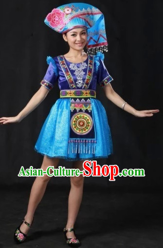 Zhuang National Dance Costumes and Hat Complete Set for Women