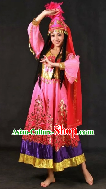 Xinjiang Ethnic Traditional Dresses and Hat Complete Set for Girls