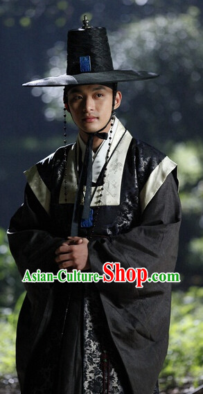 Ancient Korean Black Costumes and Hat Complete Set for Men