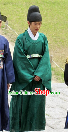 Ancient Korean Official Green Costumes and Hat Complete Set