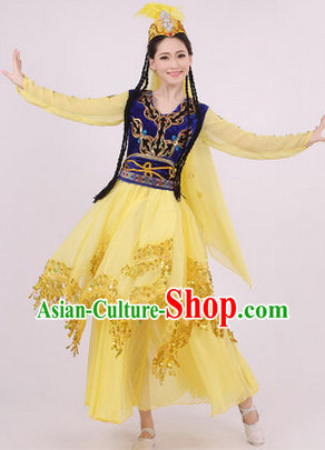 Traditional Xinjiang Dance Costumes and Headwear for Girls