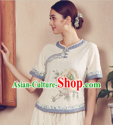 Hands Painted Summer Wear Mandarin Traditional Shirt for Women