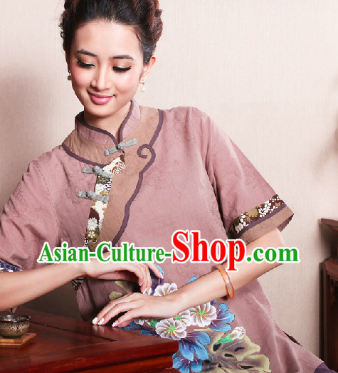 Hands Painted Peony Mandarin Traditional Top for Women