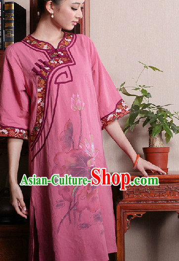 Hands Painted Lotus Mandarin Traditional Long Blouse for Women