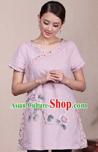 Hands Painted Lotus Mandarin Traditional Long Top for Women