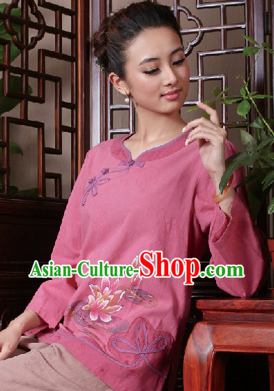 Hands Painted Peony Mandarin Traditional Long Shirt for Women