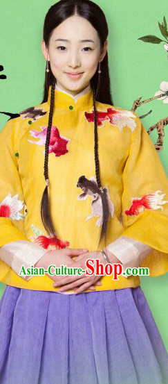 Traditional Chinese Mandarin Goldfish Embroidery Clothes for Girls