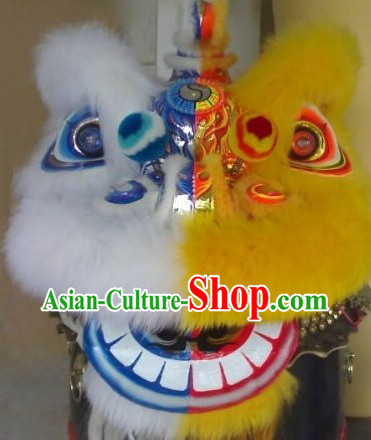 Half Yellow Half White Long Wool Hok San Lion Dance Costume Complete Set