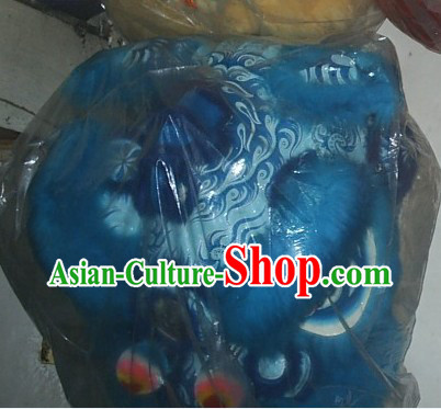 Blue Color Chinese Stage Performance Long Wool Lion Dance Costumes Complete Set