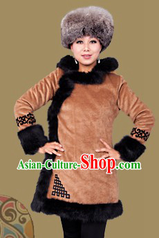 Traditional Chinese Mongolian Winter Long Jacket and Hat for Women