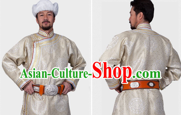 Traditional Chinese Mongolian Long Robe Clothing and Hat for Men