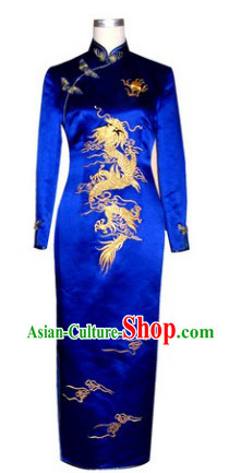 Chinese Classical Blue Phoenix Embroidery Long Cheongsam