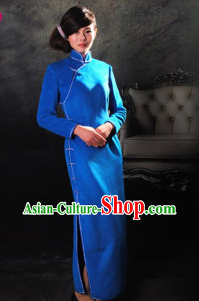 Traditional Chinese Blue Super Long Cheongsam