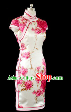 Chinese Silk White Cherry Blossom Qipao