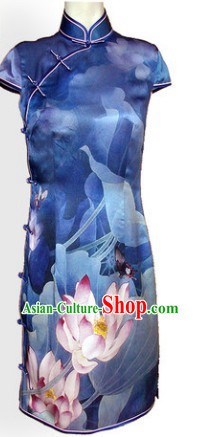 Chinese Silk Blue Lotus Qipao