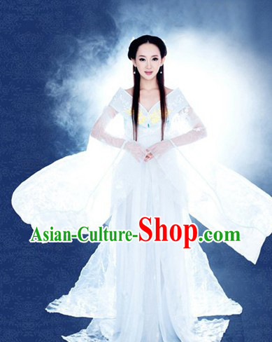 Ancient Chinese White Fairy Low Collar Costumes and Headpieces