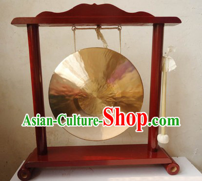 Traditional Chinese Gold Brass Gong and Stand Set