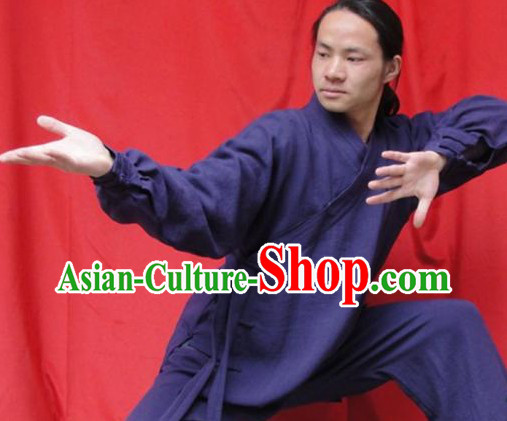 Top Quality Deep Blue Natural Flax Mandarin Chinese Martial Arts Outfit