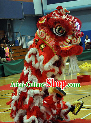 Red and White Long Wool Lion Dance Head and Costume Complete Set