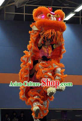 LED Eyes Orange and Silver Competition and Display Lion Dance Head and Costume Complete Set