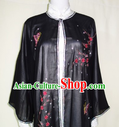 Black Embroidered Butterfly and Flower Tai Chi Blouse Pants Belt and Veil Complete Set