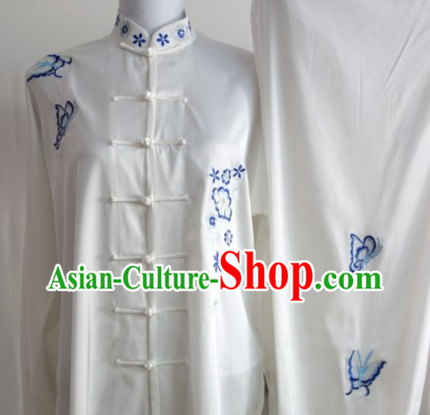 Blue Flower Embroidery Long Sleeves Martial Arts Uniform Complete Set