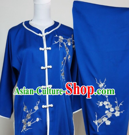 Top Silk Blue Plum Blossom Embroidery Martial Arts Clothes Complete Set