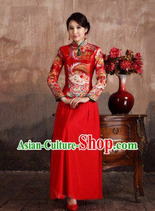 Classical Red Phoenix Wedding Mandarin Dress and Skirt Complete Set for Brides