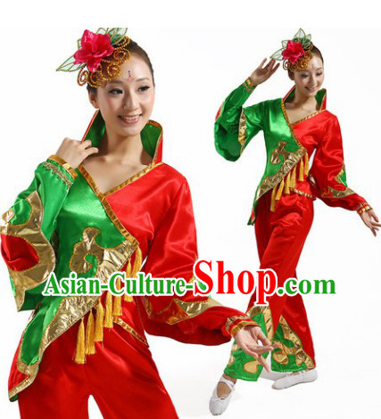 Red and Green Chinese Group Yangge Dance Costumes and Headwear Complete Set for Women