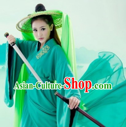 Ancient Chinese Green Hanfu Clothes and Hat