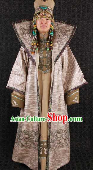 Traditional Chinese Ancient Mongolian Princess Crown and Clothing Complete Set for Women