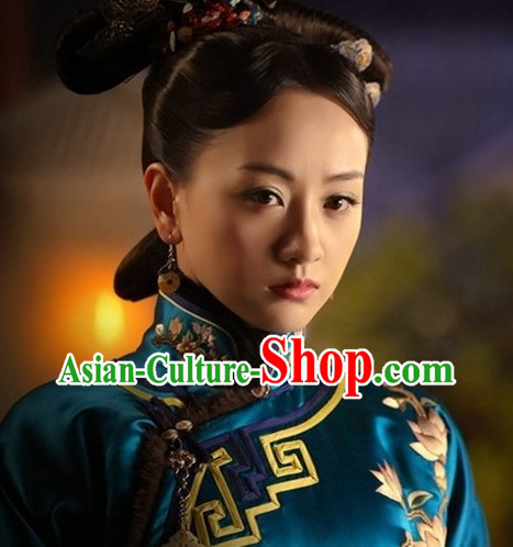 Ancient Chinese Blue Princess Clothing and Hair Accessories Complete Set for Women