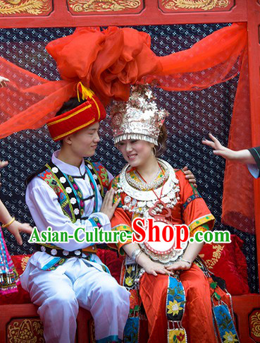 Traditional Chinese Miao Ethnic Wedding Dresses for Brides and Bridegroom