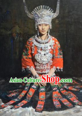 Traditional Chinese Miao Nationality Clothing and Silver Hat Complete Set