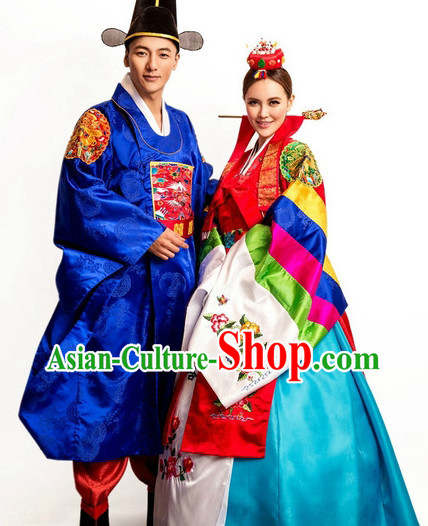 Ancient Korean Wedding Dresses and Hat for Bride and Bridegroom