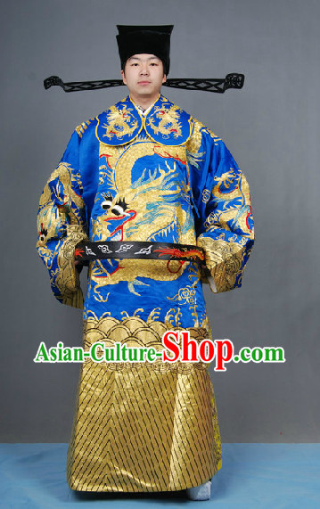 Blue Chinese Classical Peking Opera Embroidered Dragon Robe and Hat