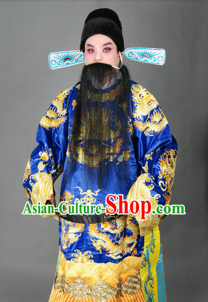 Blue Chinese Classical Peking Opera Embroidered Dragon Robe and Hat