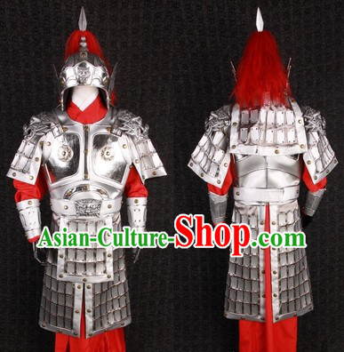 Ancient Chinese Silver General Armor Outfits and Helmet Complete Set