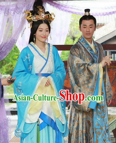 Chinese Han Clothing Husband and White Royal Palace Dresses and Hair Accessories Complete Set