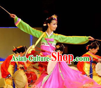 Professional Stage Performance Korean Ethnic Long Drum Dance Costumes and Headwear Complete Set