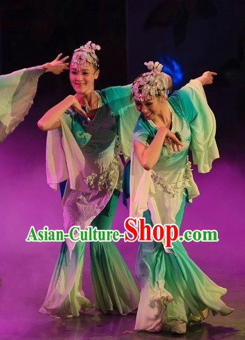 Green Jasmine Flower Dance Costumes and Headwear Complete Set for Women