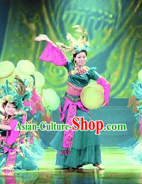 Chinese Ethnic Drum Dance Costume Dancewear and Headdress Complete Set
