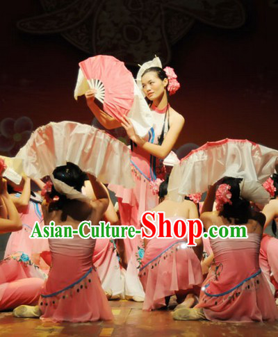 Chinese Female Fan Dance Costume Dancewear and Headdress Complete Set