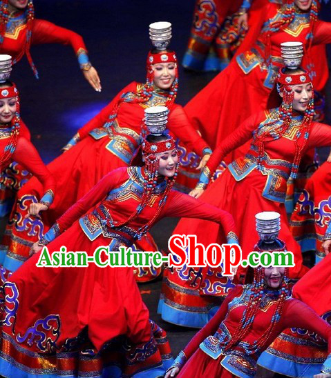 Mongolian Red Dance Costumes and Headdress Complete Set